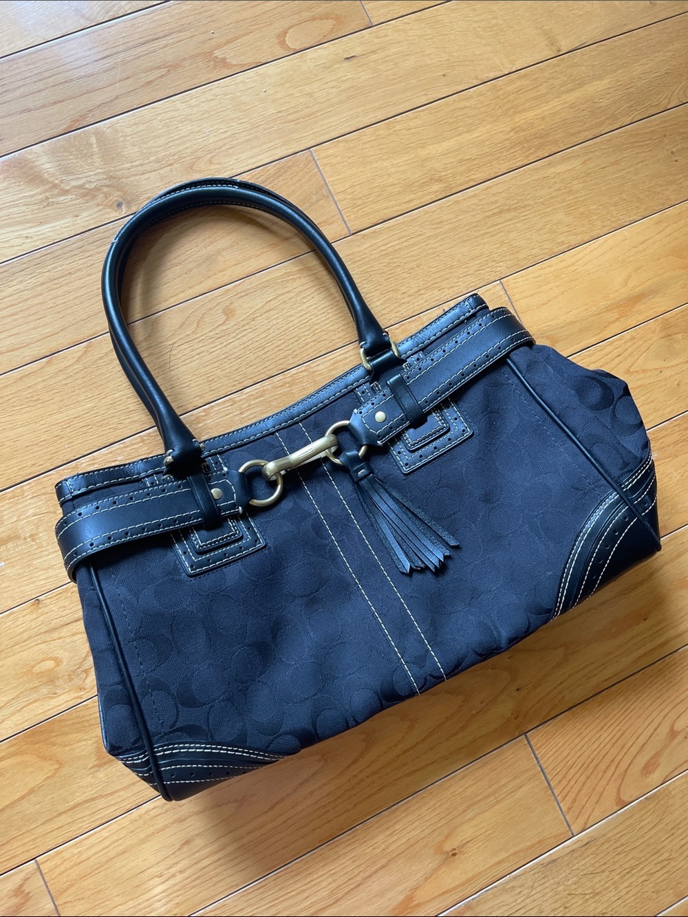 Coach Black Signature Shoulder Bag with Tassel